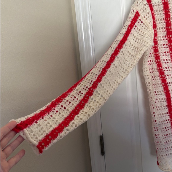 Striped Button Down Collared Knit Cardigan in Red and Cream - Picture 4 of 8